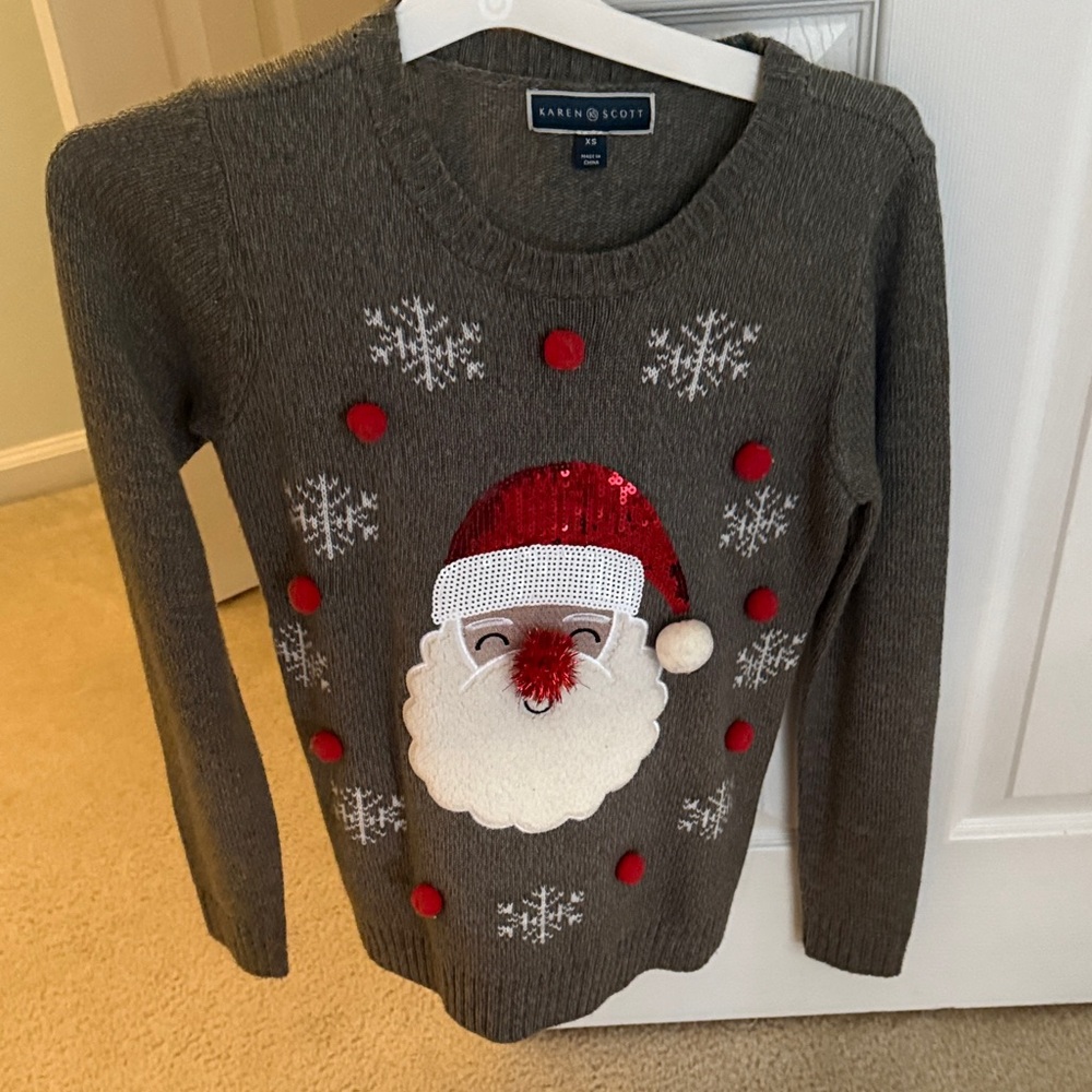 Karen Scott Festive Gray Sweater with Santa and Red Accents